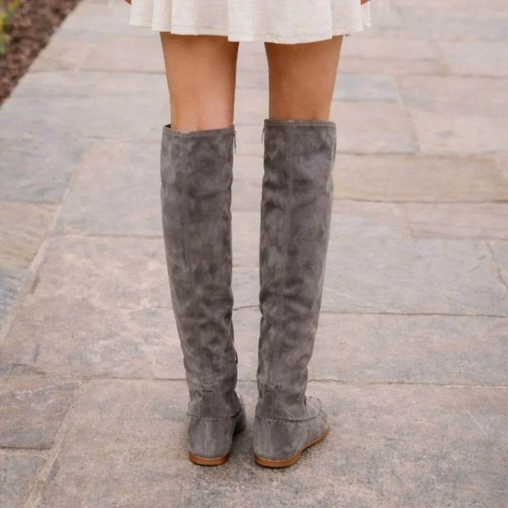 Tomas Maier Stretch Suede Over-the-Knee Charcoal Gray Minimalist Luxury Boot